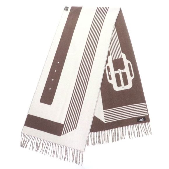 Hermes Sangre A Bucle 100% Cashmere Brown/ivoir Fringed Bicolor Scarf With Box - Picture 4 of 11